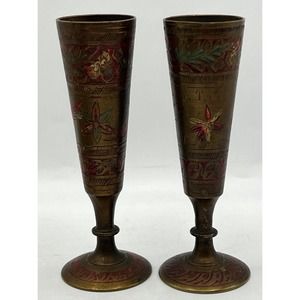 Lot of 2 Vintage India Brass Hand Etched and Painted Vase, 5.0" Tall